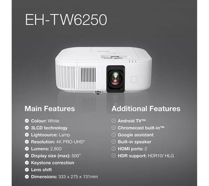 Proyector de cine en casa inteligente Epson 4K Pro UHD TW6250