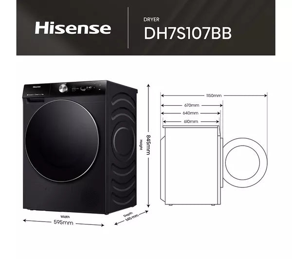 HISENSE 7S Series DH7S107BB AI WiFi-enabled 10 kg Heat Pump Tumble Dryer - Black