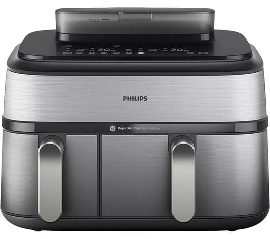 Freidora de aire PHILIPS Serie 5000 de 9 l NA555/09 con doble cesta a vapor, color plateado