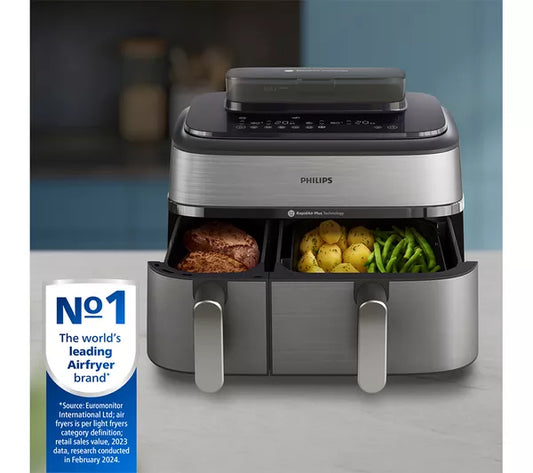 Freidora de aire PHILIPS Serie 5000 de 9 l NA555/09 con doble cesta a vapor, color plateado