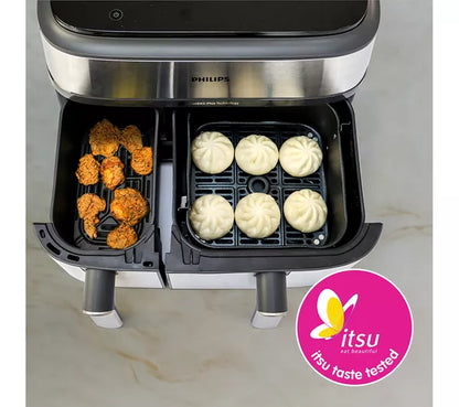 Freidora de aire PHILIPS Serie 5000 de 9 l NA555/09 con doble cesta a vapor, color plateado
