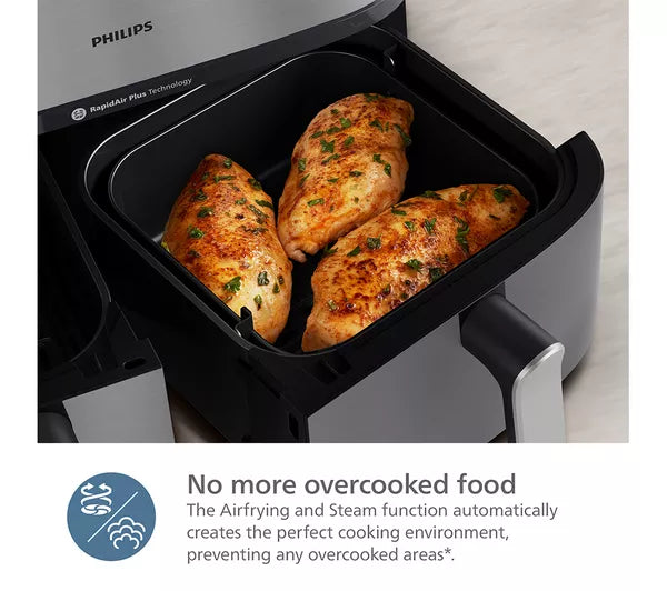 Freidora de aire PHILIPS Serie 5000 de 9 l NA555/09 con doble cesta a vapor, color plateado