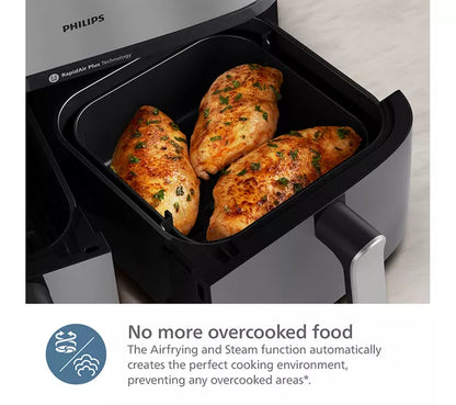 Freidora de aire PHILIPS Serie 5000 de 9 l NA555/09 con doble cesta a vapor, color plateado