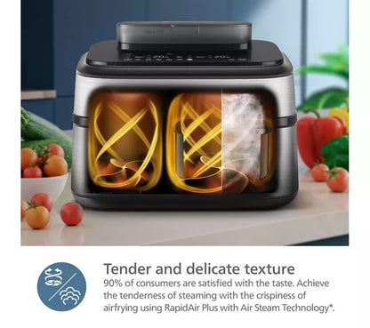 Freidora de aire PHILIPS Serie 5000 de 9 l NA555/09 con doble cesta a vapor, color plateado