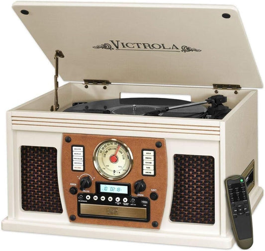 Centro de entretenimiento con tocadiscos Bluetooth Victrola Nostalgic Aviator Wood 8 en 1 