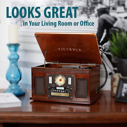 Victrola Nostalgic Aviator Wood 8 em 1 Toca-discos Bluetooth Centro de entretenimento 