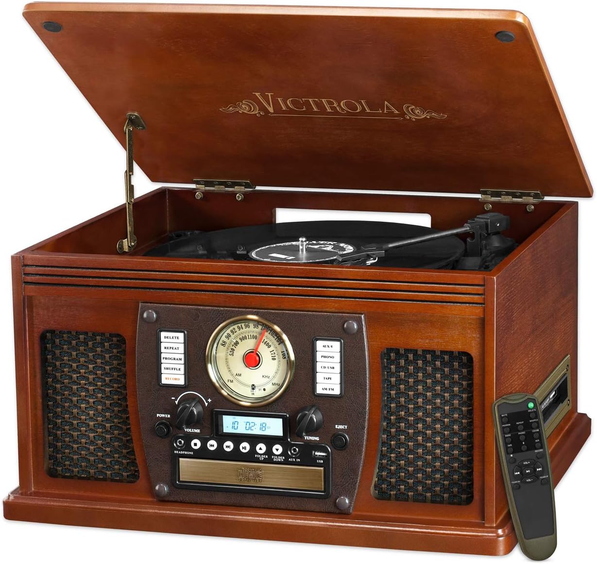 Victrola Nostalgic Aviator Wood 8 em 1 Toca-discos Bluetooth Centro de entretenimento 