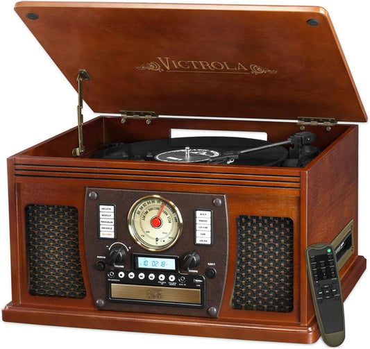 Centro de entretenimiento con tocadiscos Bluetooth Victrola Nostalgic Aviator Wood 8 en 1 