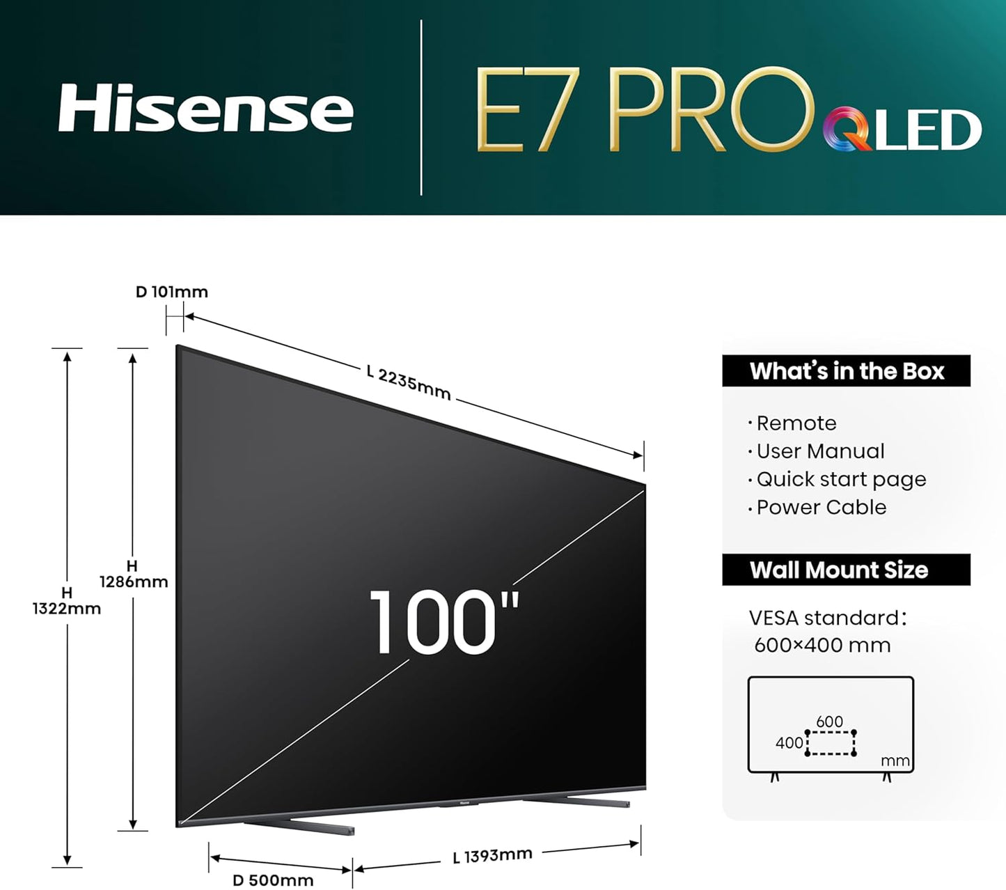 Hisense 100 Polegadas 144Hz 4K QLED Smart TV 100E7NQTUK PRO - 2024