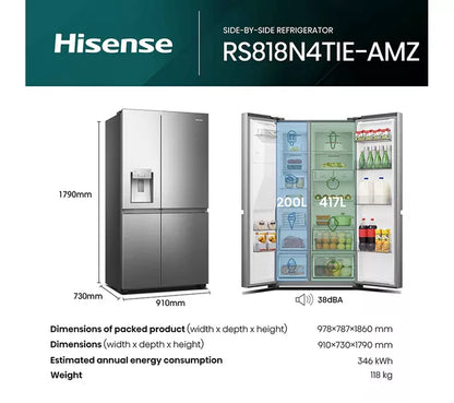 Hisense Pure Flat Infinite RS818N4TIE Geladeira e Freezer Inteligente Estilo Americano